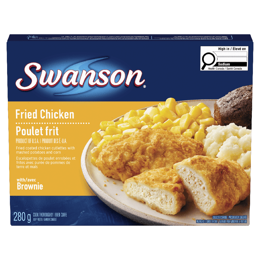 Swanson® Swanson Poulet frit dîner congelé, Escalopes de poulet enrobées et frites avec purée de pommes de terre et maïs avec brownie Poulet frit, 280g