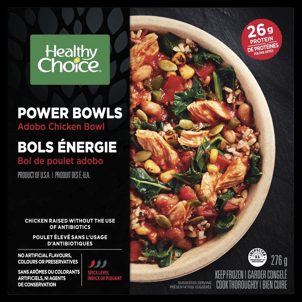 Healthy Choice Gourmet Steamers Healthy Choice Bols Énergie Bol de poulet adobo avec poulet assaisonné, riz brun, quinoa, haricots noirs, maïs, poivrons rouges, légumes verts foncés et sauce adobo Repas surgelé, 276g