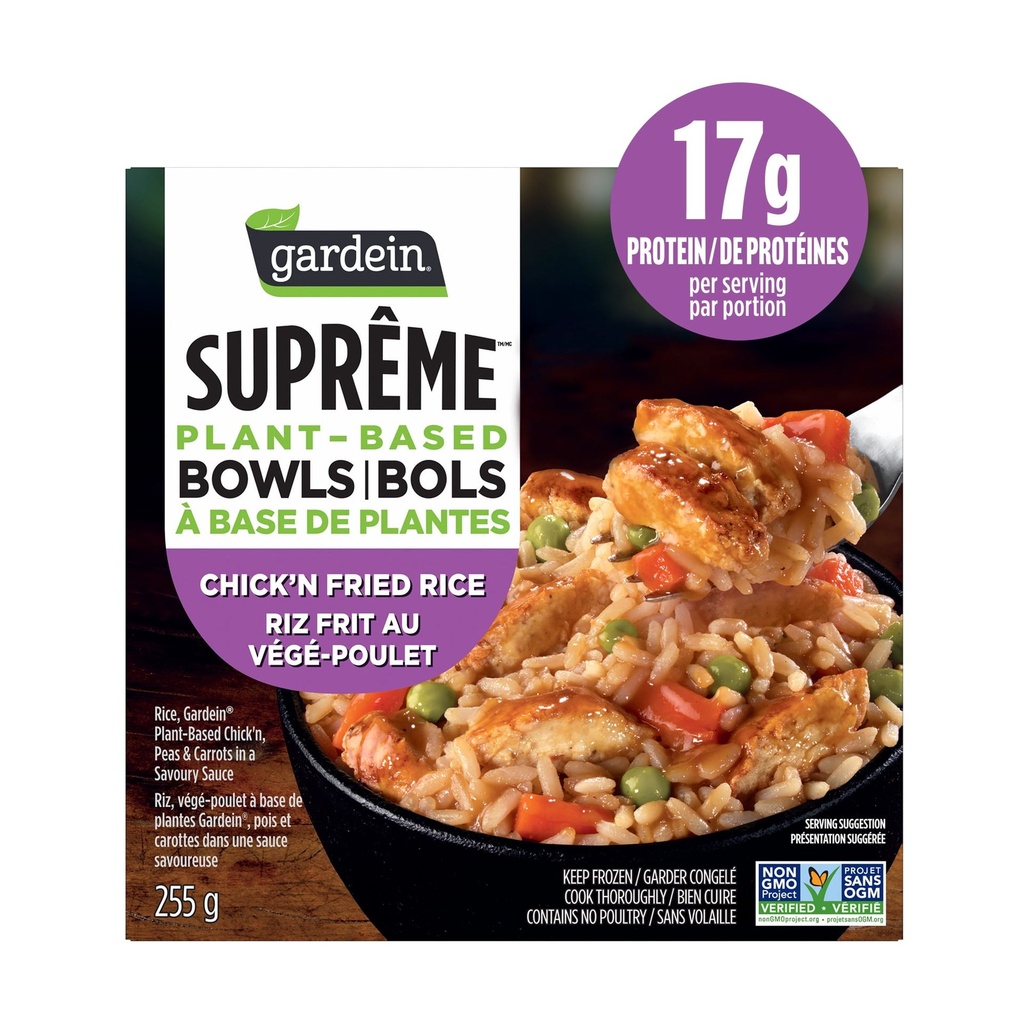 Gardein Suprême Surgelé Riz Frit au Végé-Poulet Bol, Riz avec poulet à base de plantes, pois et carottes, Végétalien, 17g du protéines Repas surgelé, 255g
