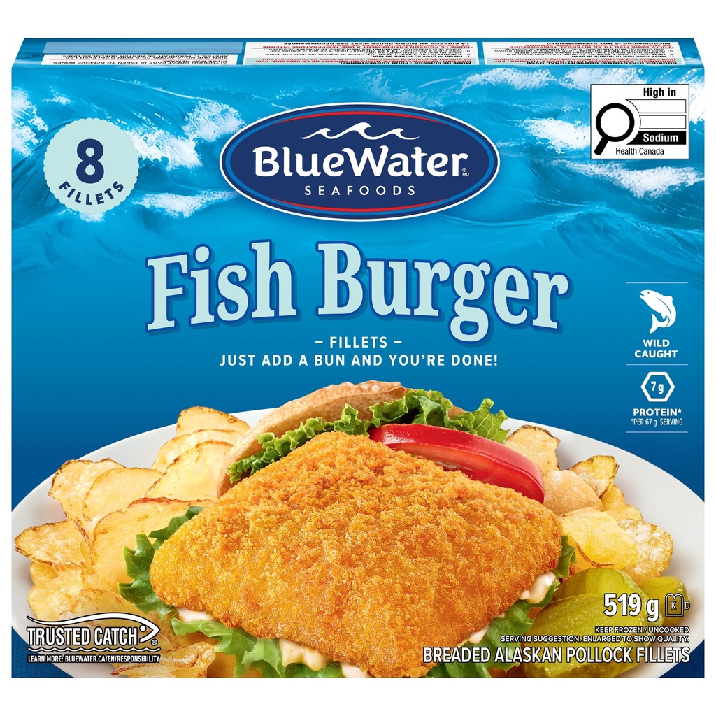 BlueWater Seafoods Burger de Poisson Pané, Goberge d'Alaska Sauvage 519 g