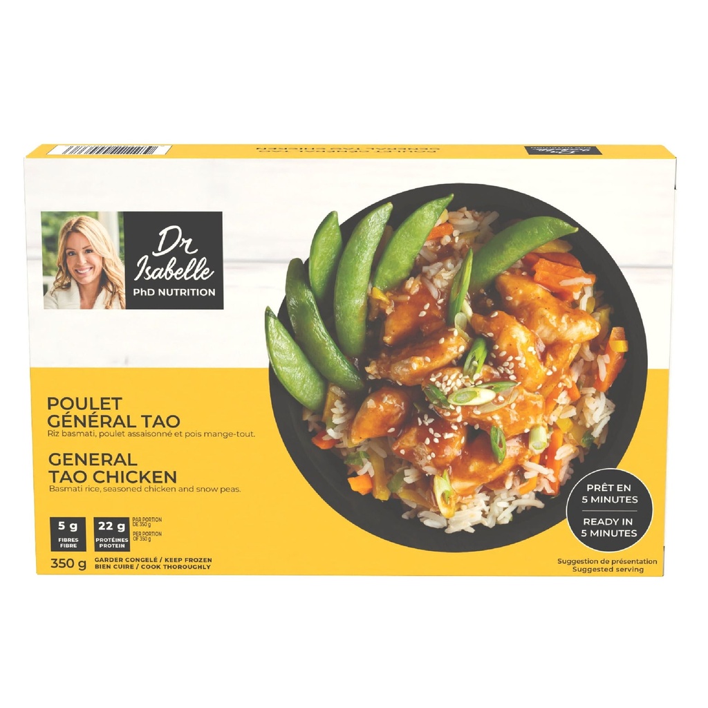 Dr Isabelle - PhD Nutrition - 22 g de protéines, 5 g de fibres, Poulet Général Tao - Repas surgelés - Prêts en 5 minutes - 1 portion de 350 g Repas prêts à manger santé