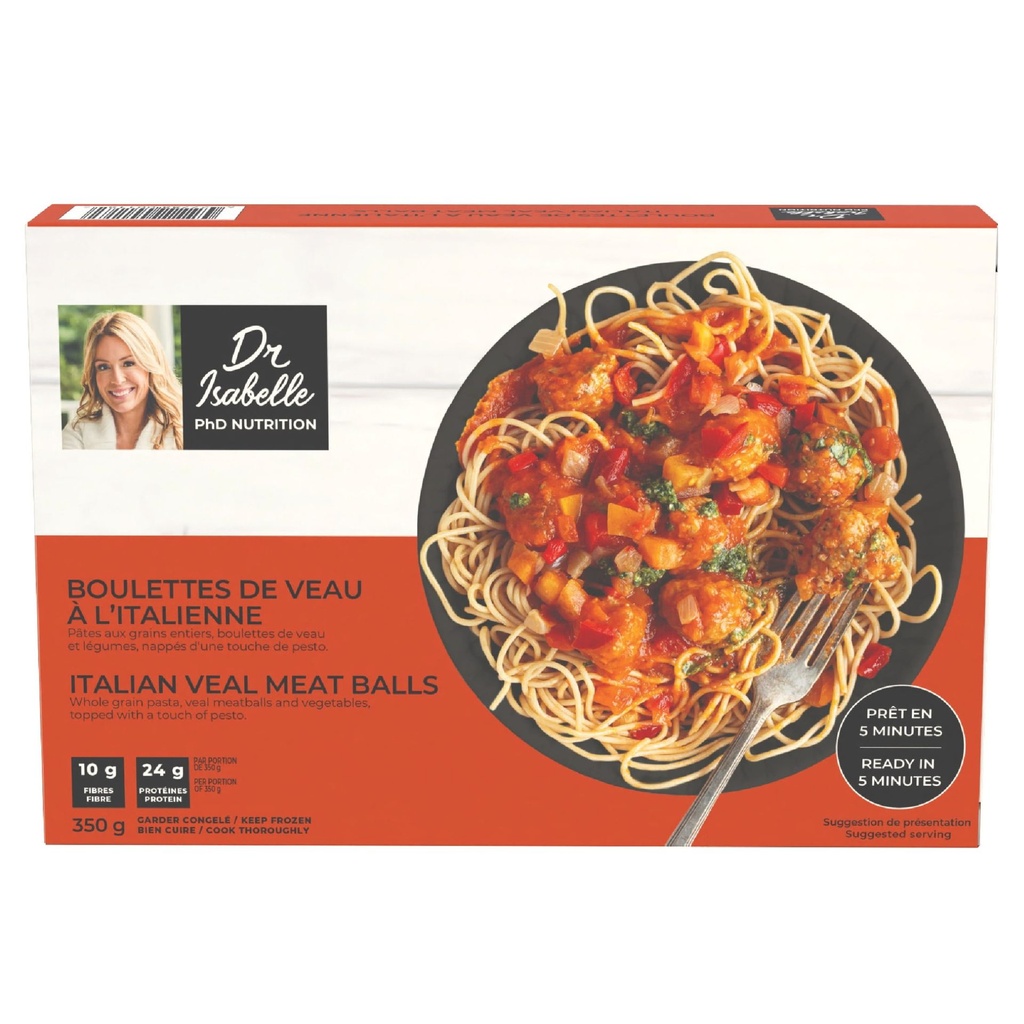 Dr Isabelle - PhD Nutrition - 24 g de Protéines, 10 g de Fibres, Boulettes de veau à l'italienne - Repas Surgelés - Prêts en 5 minutes - 1 Portion de 350 g Repas prêts à manger santé