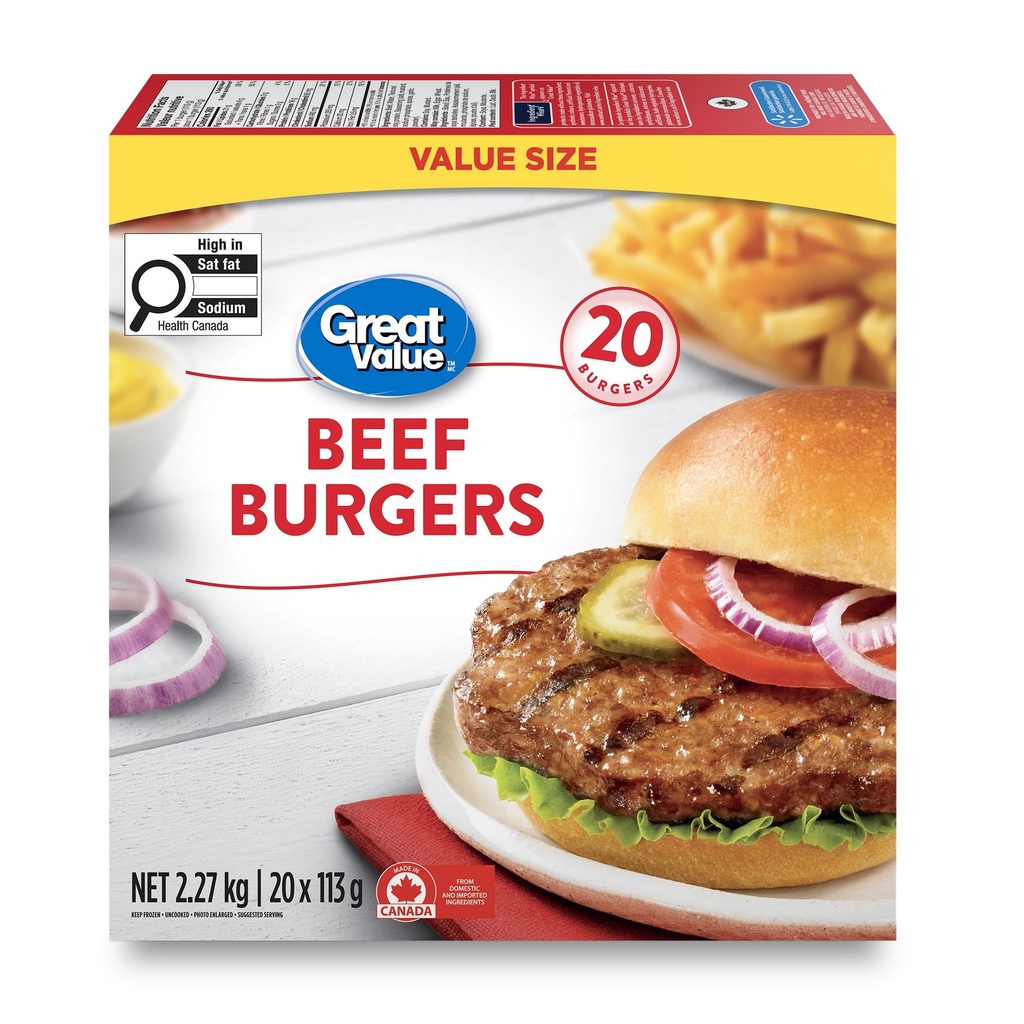Great Value Burgers de Boeuf Surgelés Format Économique 2.27 kg