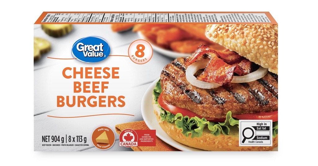 Great Value Burgers de Boeuf et Fromage Surgelés 8 x 113 g