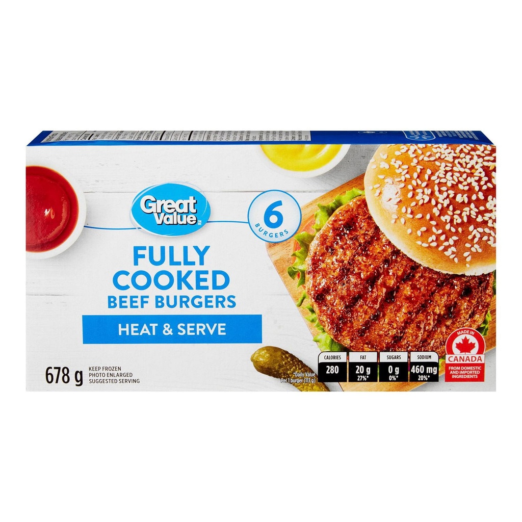 Burgers de bœuf entièrement cuits Great Value 6 hamburgers, 678 g