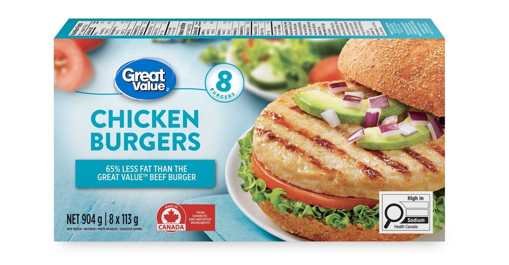 Great Value Burgers de Poulet Surgelés 8 x 113g