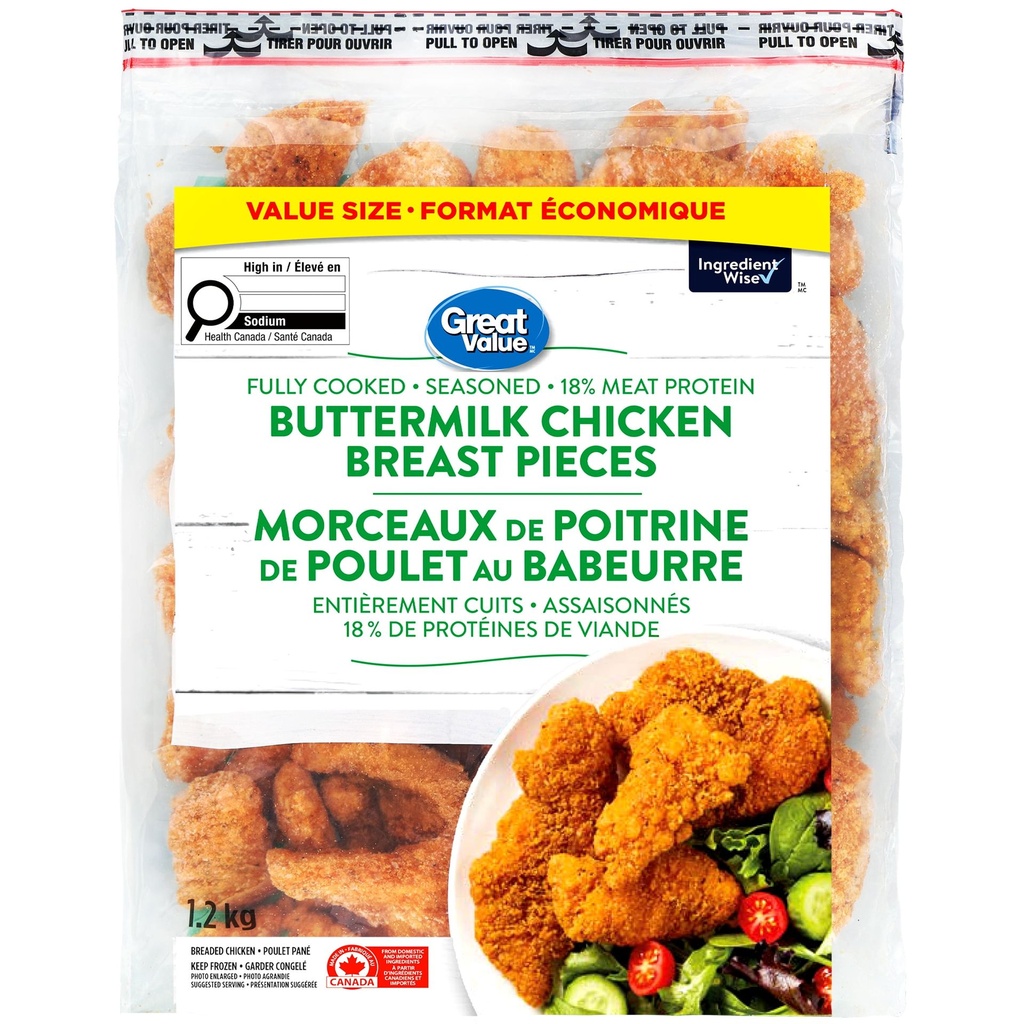 Excellent rapport qualité/prix Morceaux de poitrine de poulet au babeurre congelés Great Value, 1,2 kg 1.2 kg