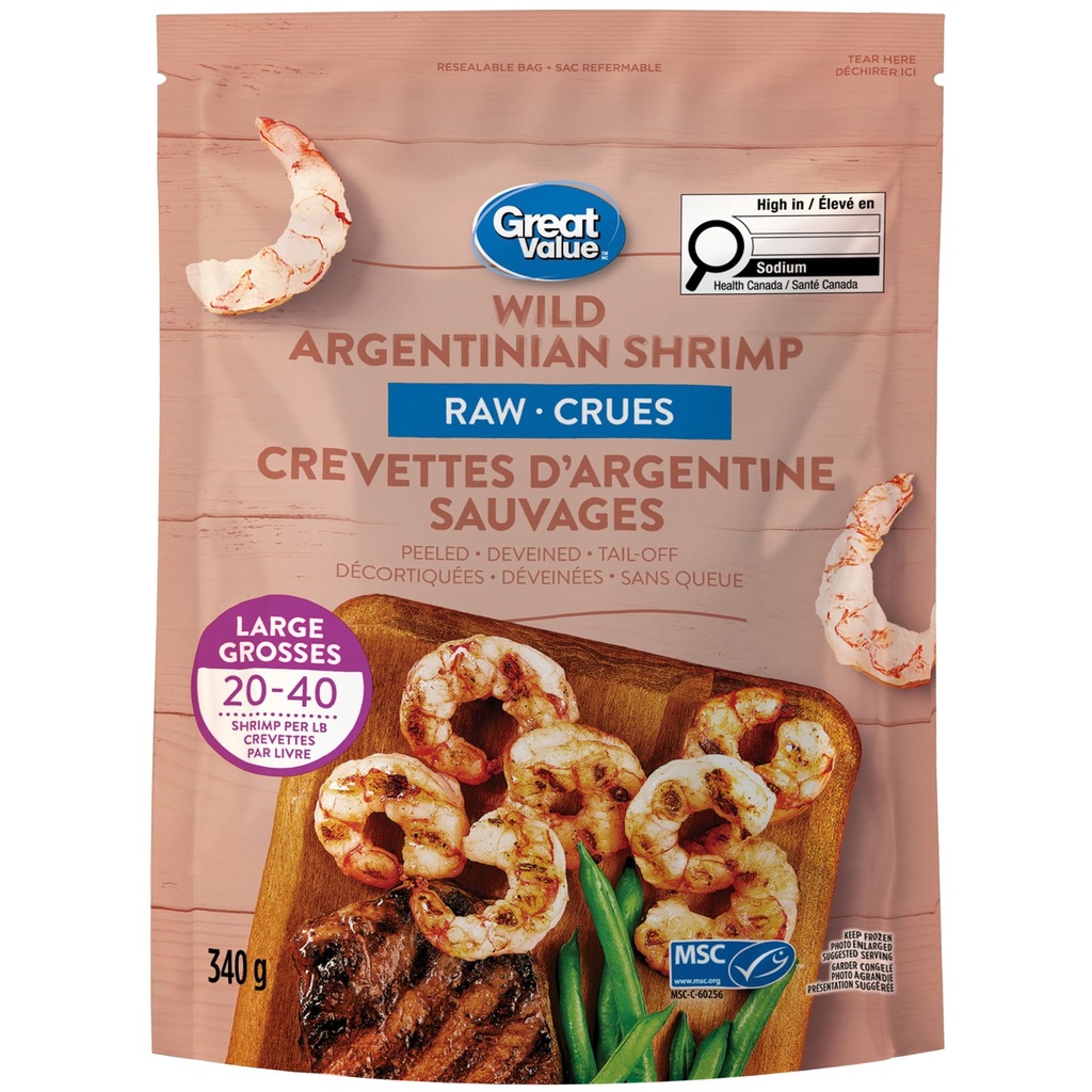 Crevettes d’Argentine sauvages crues Great Value GV Crevettes D'Argentine, Crues, Décortiquées, 340g