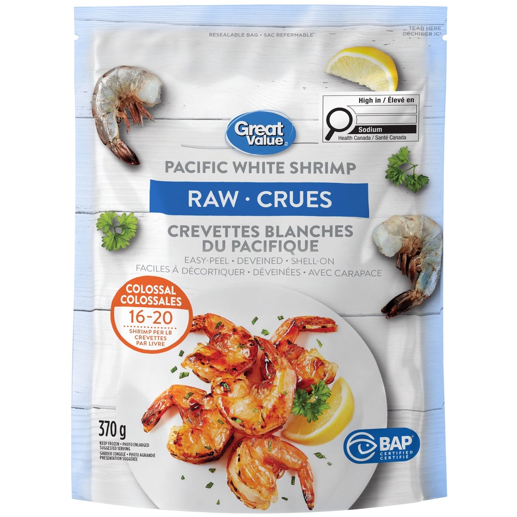 Great Value Crevettes Blanches du Pacifique Crues 16/20 370 g (0.8 lb)