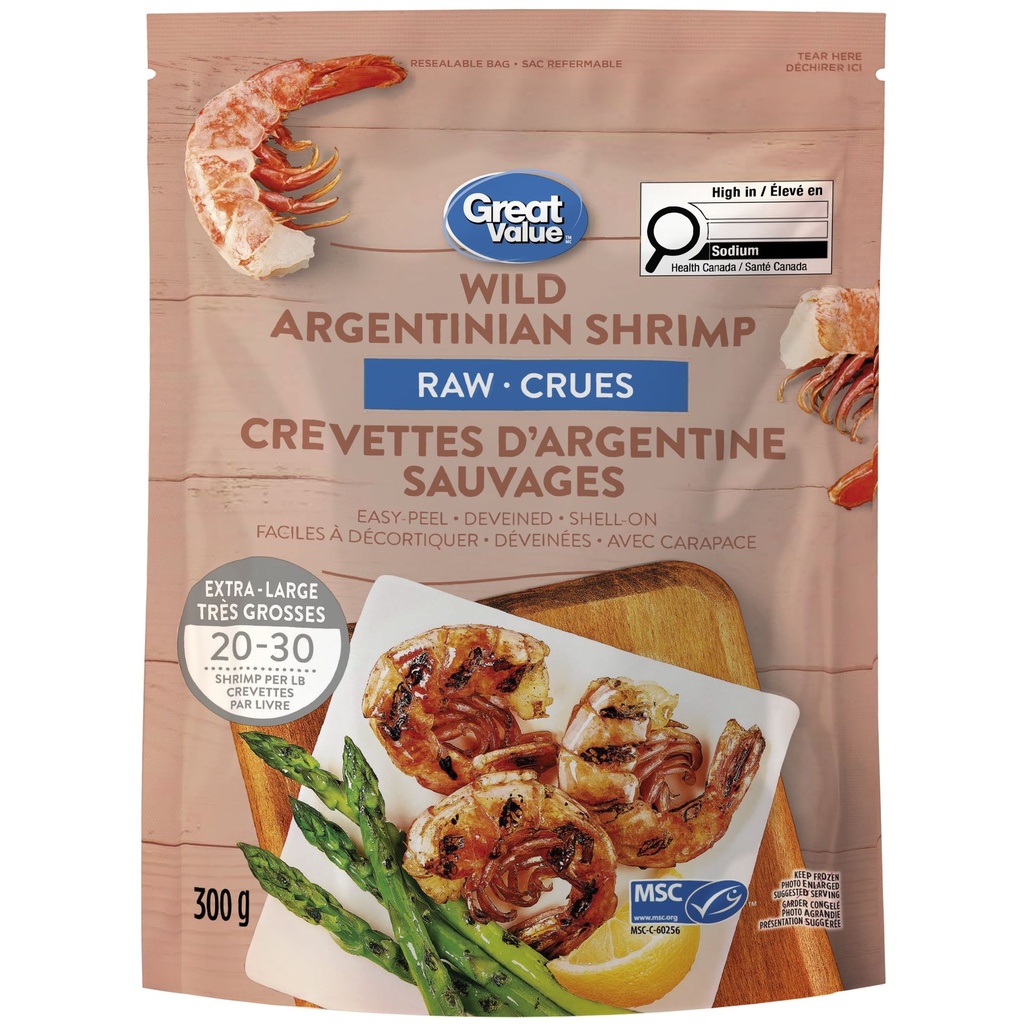 Crevettes d’Argentine sauvages crues Great Value GV Crevettes D'Argentine, Faciles a décortiquer 300g