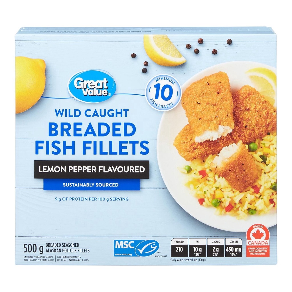 Filets de poisson panés Great Value à saveur de citron et de poivre 500 g (10 filets de poisson panés au minimum)