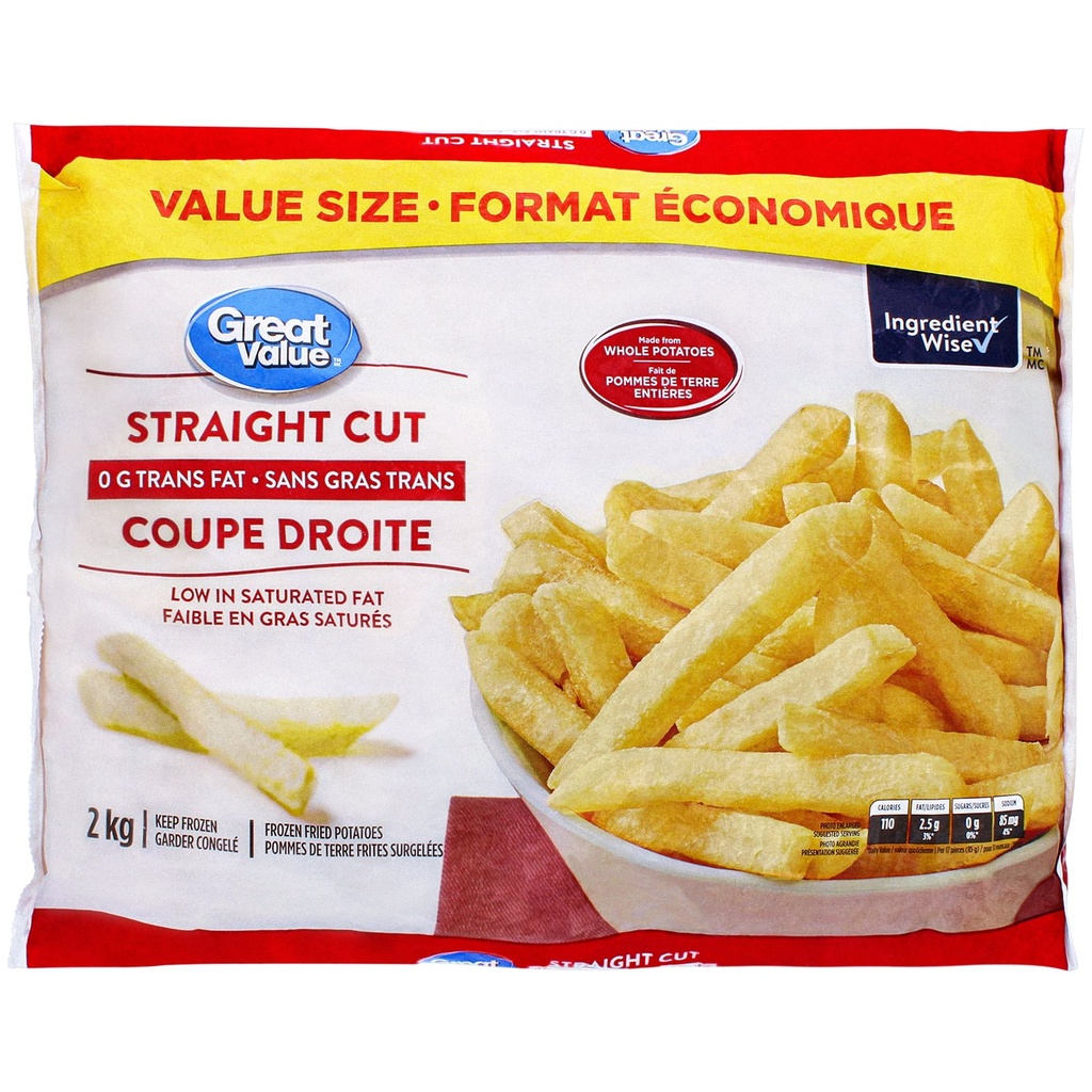 Great Value Pommes de Terre Frites Surgelées Coupe Droite, Format Économique 2 kg