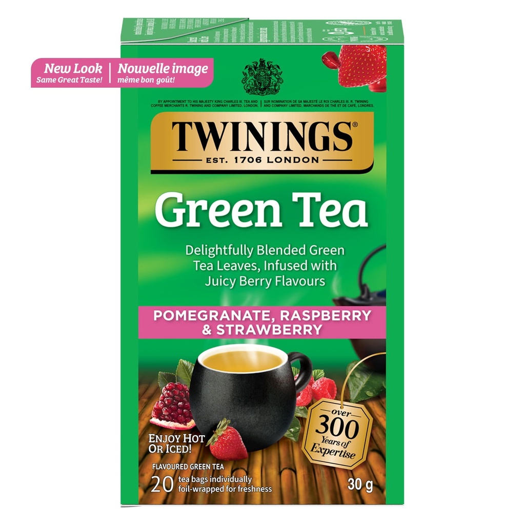 Twinings Thé Vert Grenade, Framboise et Fraise, Sucré et Juteux, 20 Sachets de Thé