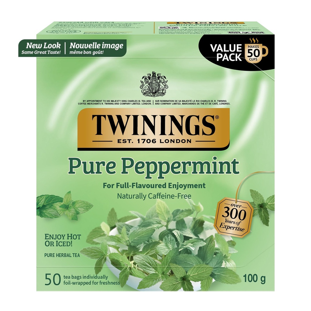 Twinings Tisane Menthe Poivrée Pure, Fraîche et Vivifiante, Naturellement Sans Caféine, 50 Sachets