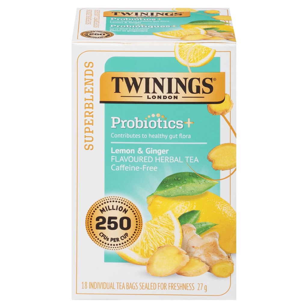 Twinings Supermélanges Probiotiques+ Citron et Gingembre, Sans Caféine, 18 Sachets de Tisane