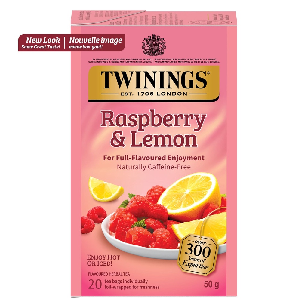 Twinings Tisane Framboise et Citron, Sucrée et Acidulée, Naturellement Sans Caféine, 20 Sachets