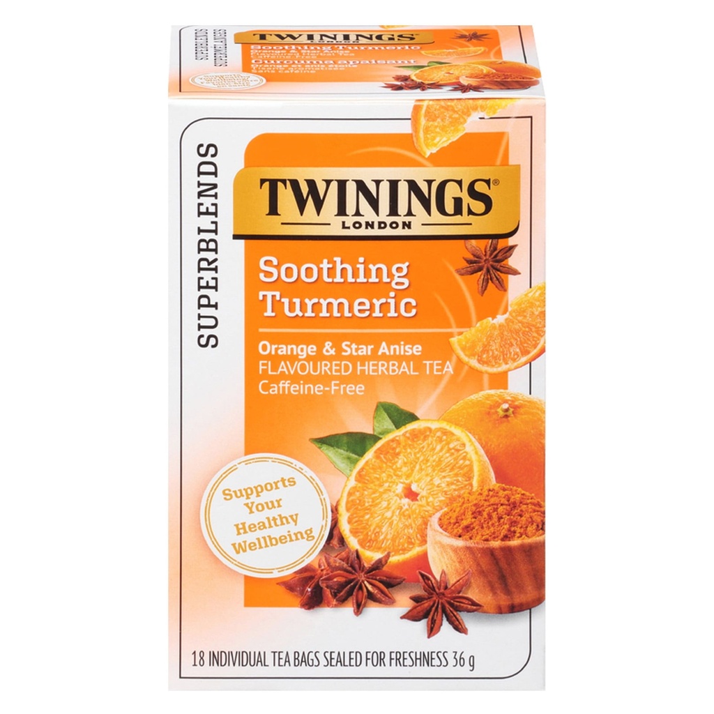 Twinings Supermélanges Curcuma Apaisant, Orange et Anis Étoilé, Sans Caféine, 18 Sachets de Tisane