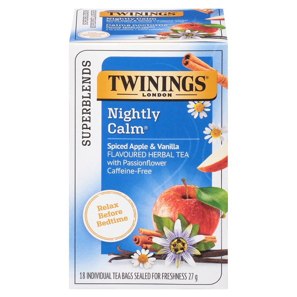 Twinings Supermélanges Calme Nocturne, Pomme Épicée et Vanille, Sans Caféine, 18 Sachets de Tisane