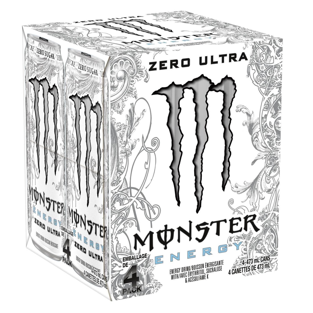 MONSTER ENERGY Zero Ultra, canette de 473&nbsp;mL, emballage de&nbsp;4 canettes