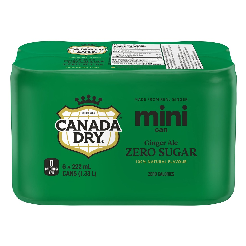 Soda gingembre zéro sucre Canada Dry Cannettes, 222 mL, 6 Pack
