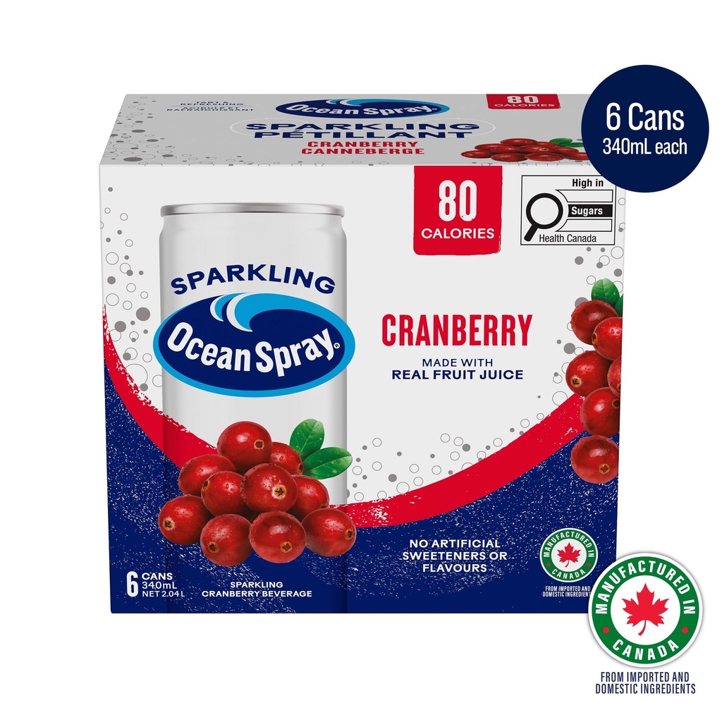 Ocean Spray boisson pétillante canneberge 6x340ml. Sans arômes ni conservateurs artificiels. Ne contient aucun allergène. Fabriqué au Canada à partir d'ingrédients importés et locaux. Recyclable.