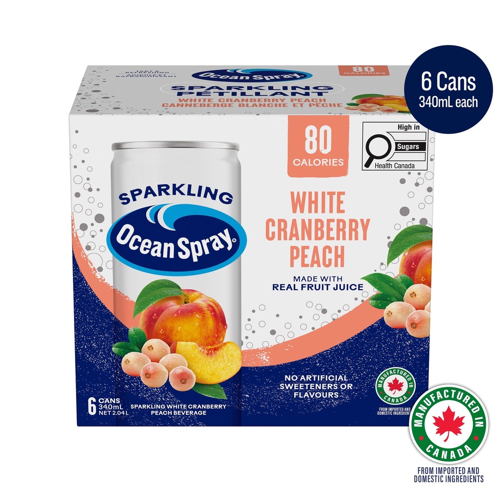Ocean Spray Boisson pétillante Ocean Spray pétillant canneberge blanche et pêche 6X340ml. Des bulles pétillantes. Un mélange de canneberge blanche et de pêche douce et juteuse. Sans conservateurs, édulcorants ni arômes artificiels.