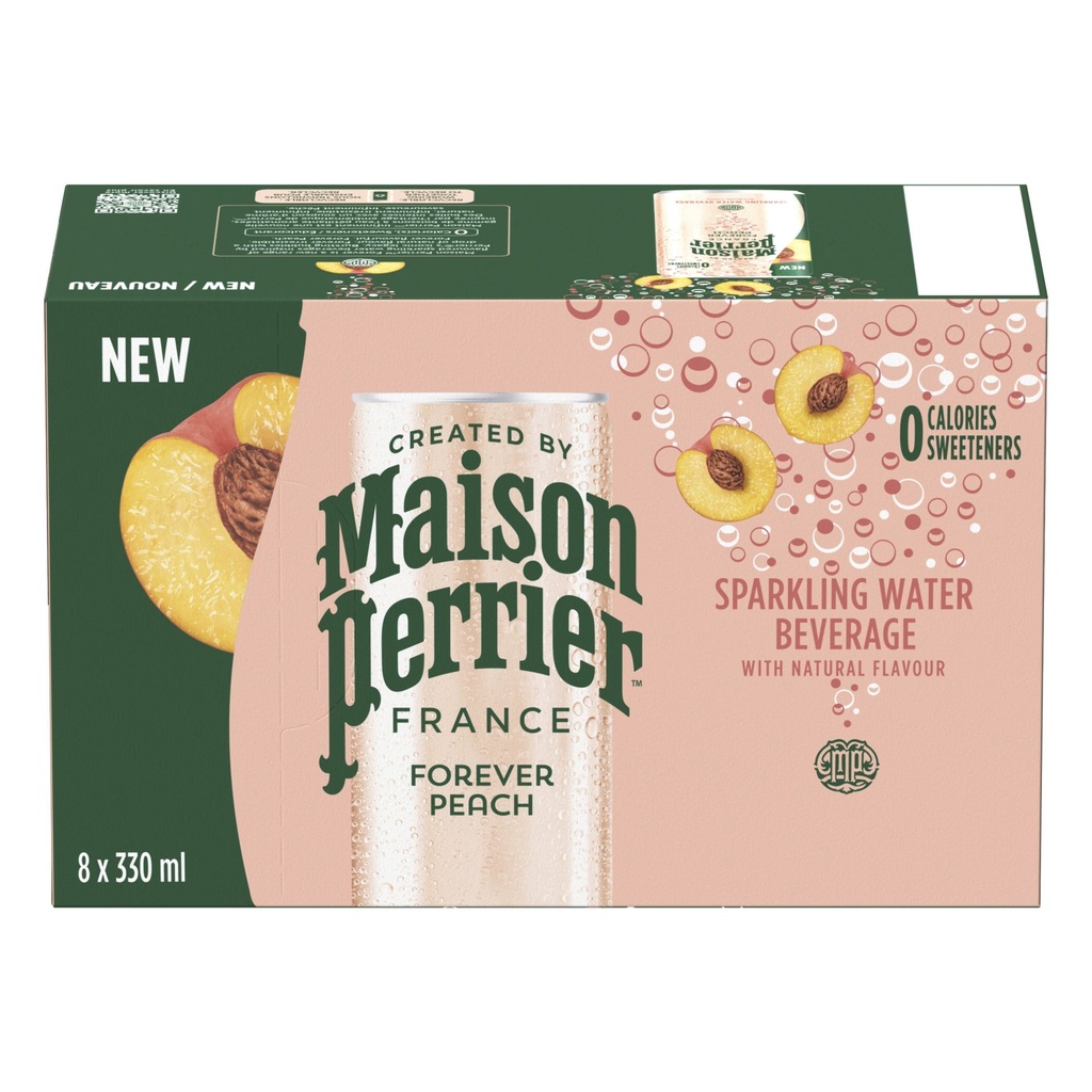 Maison Perrier Forever Peach, Boisson d'Eau Pétillante, Arôme Naturel de Pêche, Sans Calories, Sans Édulcorants, Sans Sodium, d'Origine Française & Embouteillée en France 8x300ml