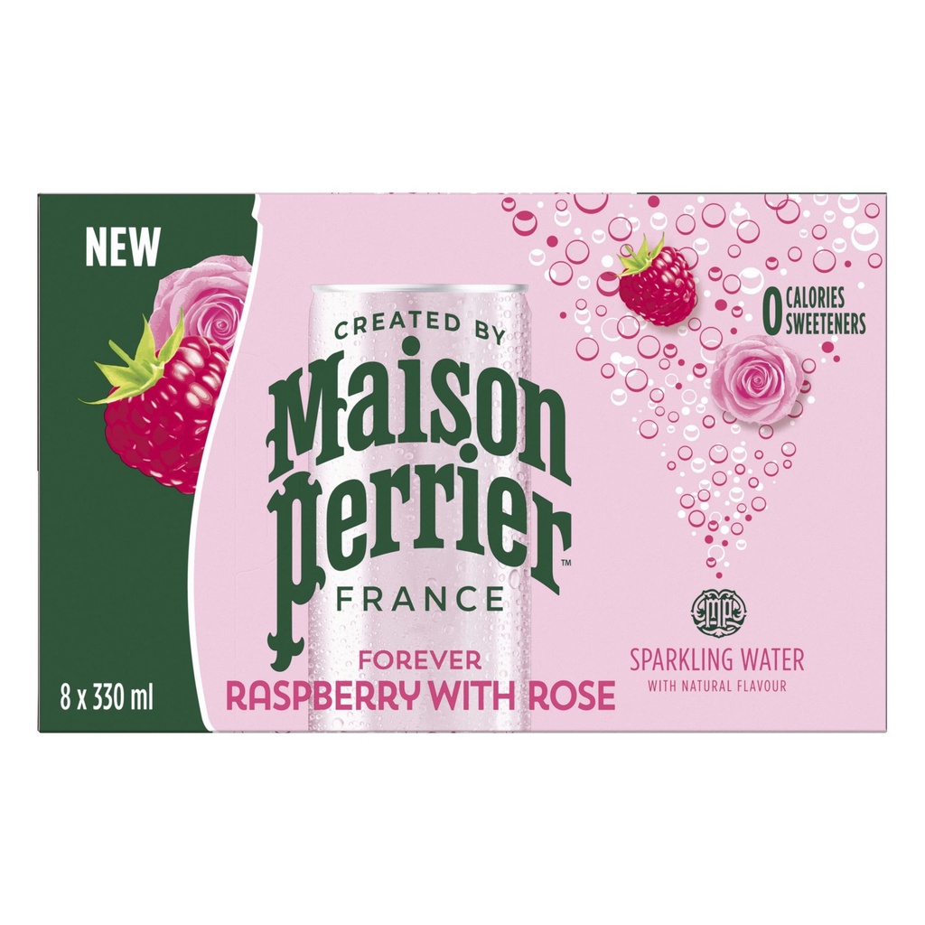 Maison Perrier pour Toujours Framboise à la Rose, Boisson d'Eau Pétillante, Saveur Naturelle Framboise et Rose 8x330ml