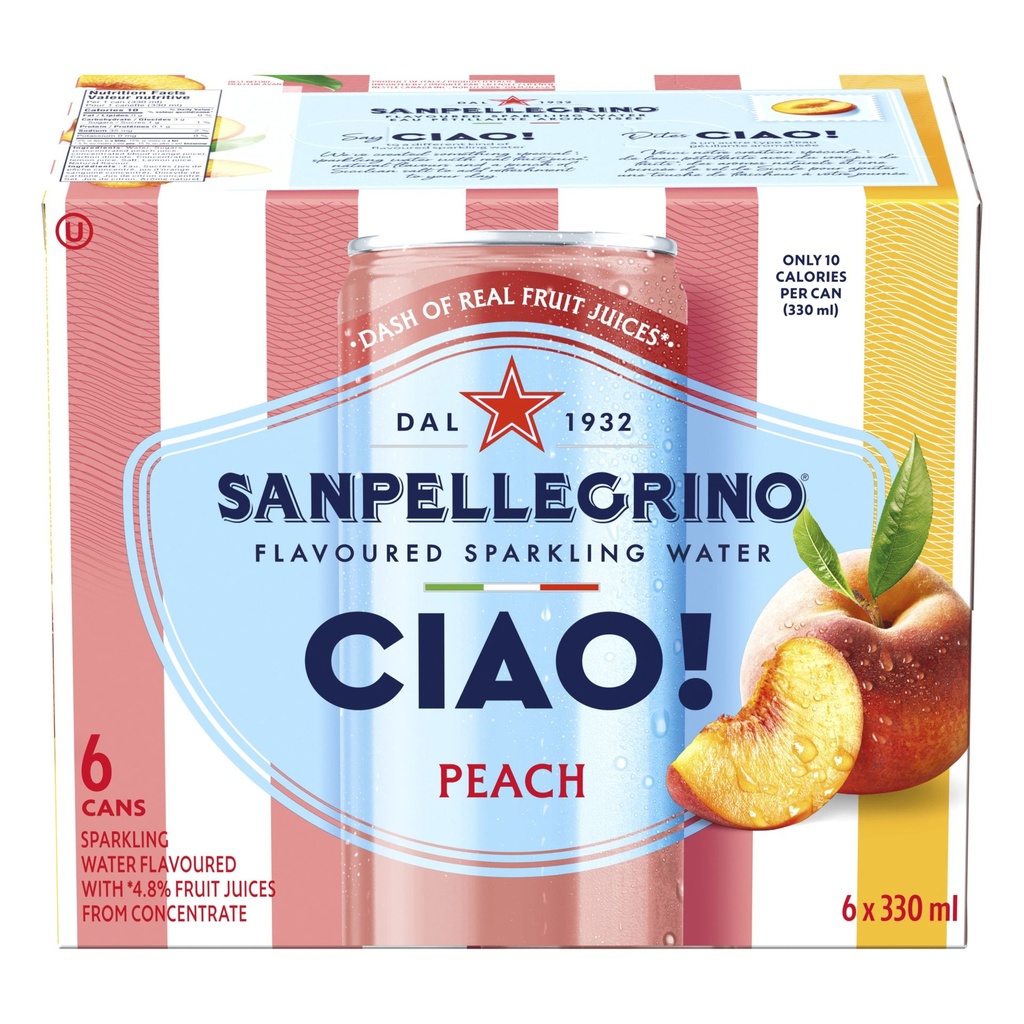 S. Pellegrino San Pellegrino CIAO! Eau Pétillante Italienne à Saveur de Pêche, une Touche de Vrai Jus de Fruit 6x330ml