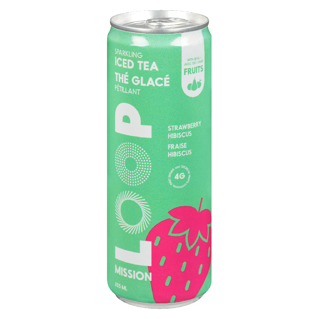 LOOP Mission Thé glacé pétillant, Sans caféine, Infusion fraise et hibiscus, Jus de fruits revalorisés, 355 ml, 1 unité, Canette