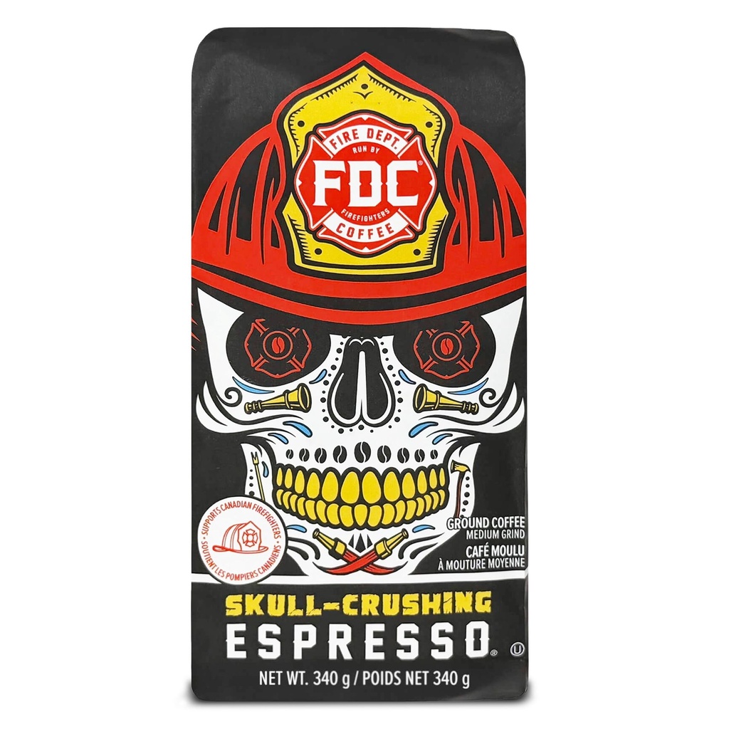 Fire Department Coffee, Inc. Fire Department Coffee Espresso Skull-Crushing, café moulu de qualité supérieure, torréfaction foncée, 340g
