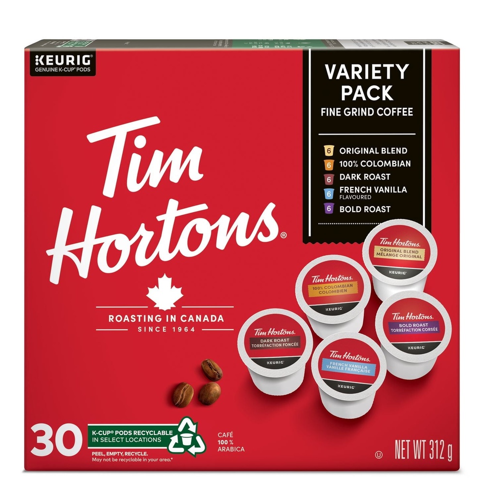 Capsules Tim Hortons assorties, mélange original, torréfaction foncée, mélange colombien, torréfaction corsée et vanille française, 30 capsules