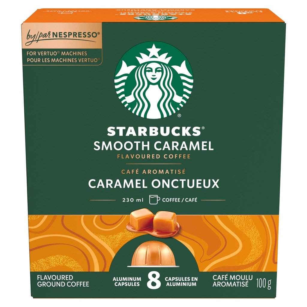 Starbucks Caramel Onctueux, pour NESPRESSO VERTUO, Torréfaction Blonde Aromatisée, Notes de Caramel au Beurre et de Vanille, Capsules de Café NESPRESSO, 8 Capsules