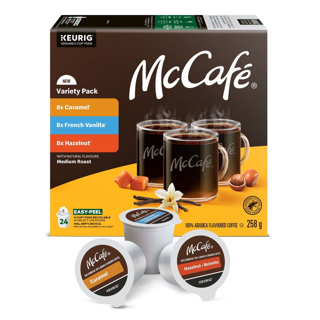 Assortiment de 24 capsules de café aromatisées McCafé (noisette, caramel, vanille française).