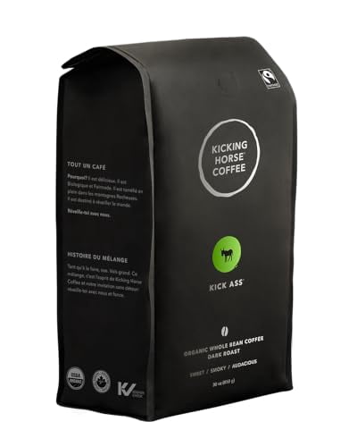 Kicking Horse Coffee - Mélange Kick Ass, Grains Entiers 100% Café Arabica Torréfaction Foncée Tout Biologique & Équitable 850 g