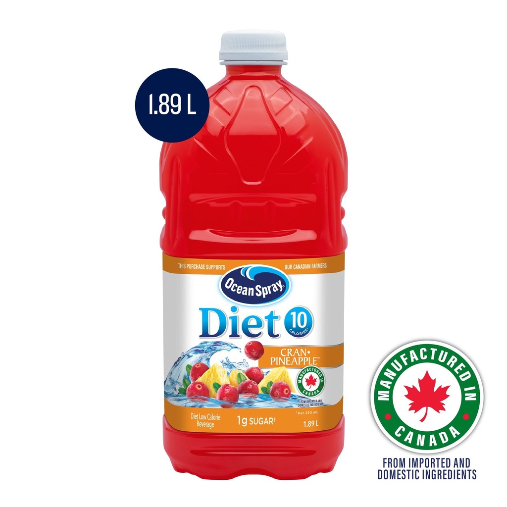 Ocean Spray Diète Canneberge-Ananas™ Boisson Faible en Calories 1.89 l. Le goût rafraîchissant de la canneberge et la saveur douce et tropicale de l'ananas mûr. 10 calories par portion de 250 ml.