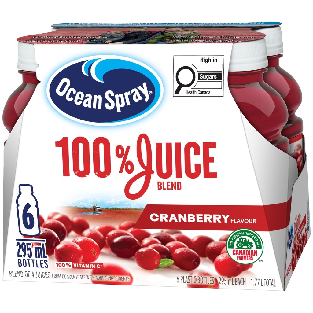 Mélange de jus 100 % Ocean Spray à la canneberge, sans sucre ajouté, 6 x 295 ml. Le goût vif et pur de vraies canneberges. Apporte 100 % de la vitamine C. Sans allergènes, emballage recyclable.