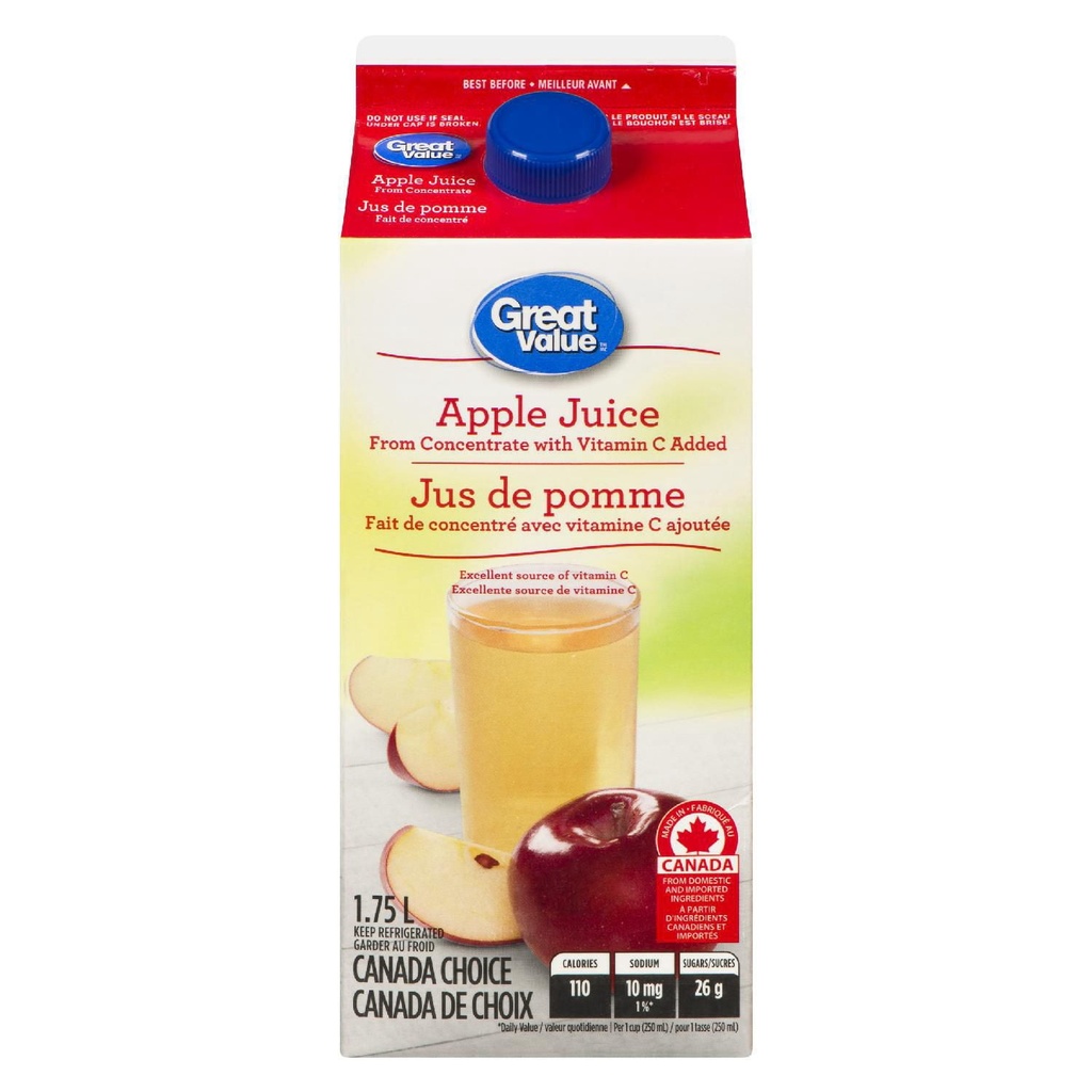 Great Value Jus de Pomme 100 % Pur Fait de Concentré avec Vitamine C Ajoutée