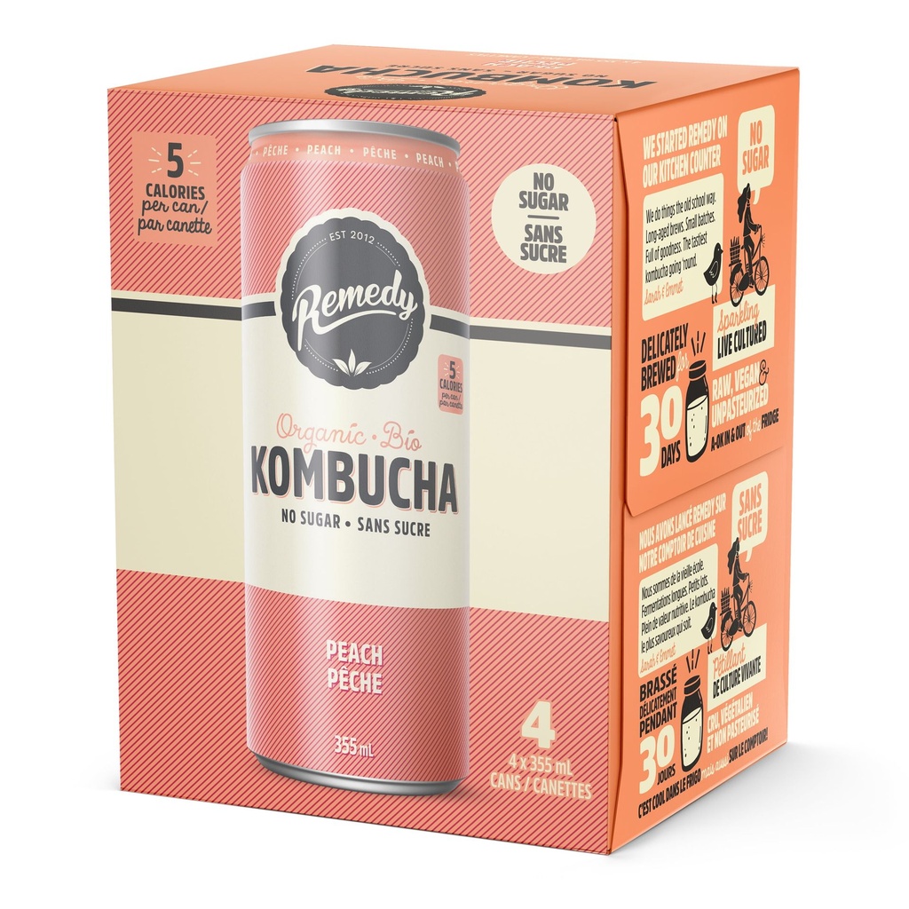 Remedy Kombucha Biologique Sans Sucre Pêche 4x355ml