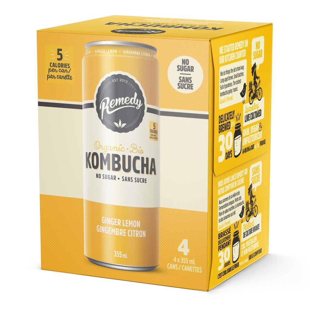Remedy Drinks Remedy Kombucha Biologique Sans Sucre Gingembre Citron 4x355ml