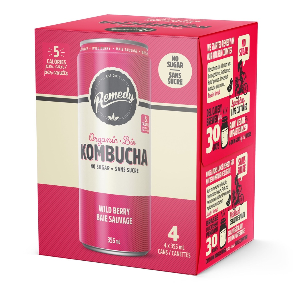 Remedy Kombucha Biologique Sans Sucre Baie Sauvage 4x355ml