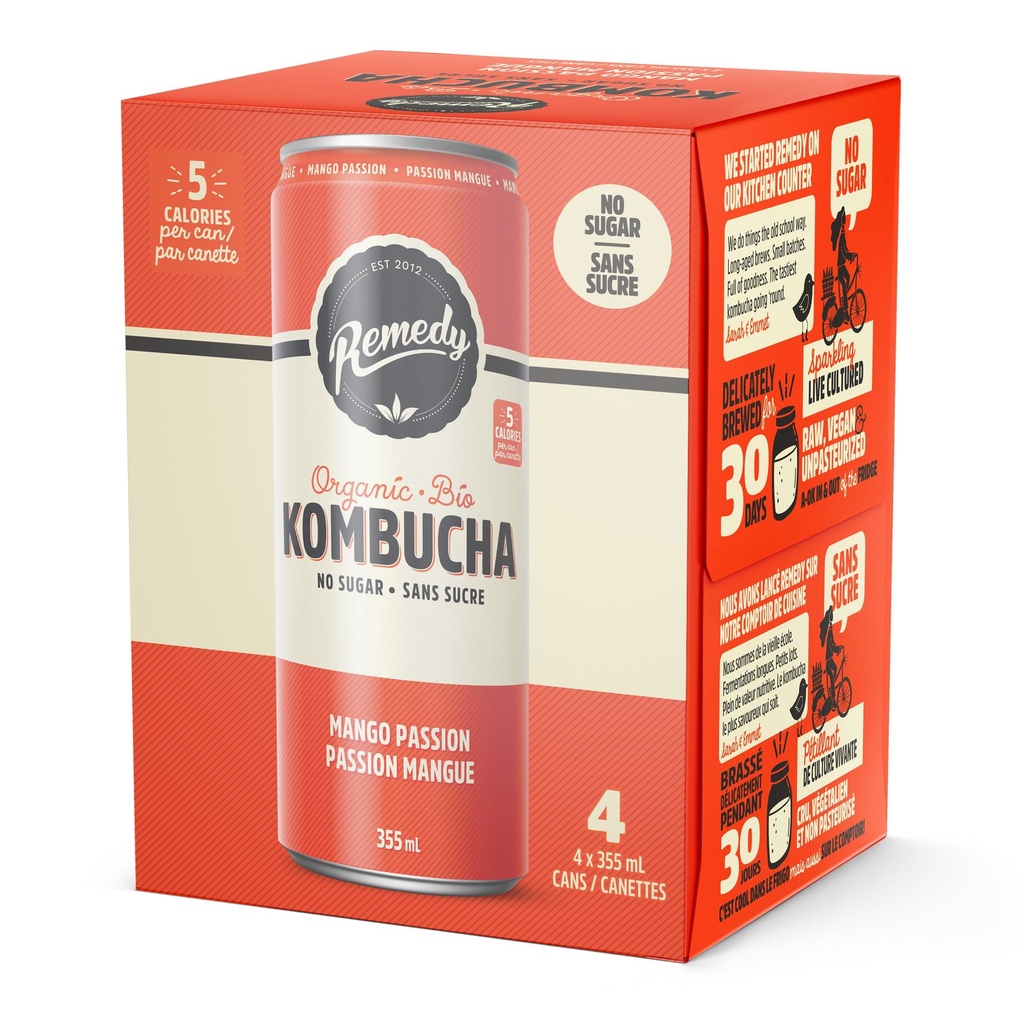 Remedy Kombucha Biologique Sans Sucre Passion Mangue 4x355ml
