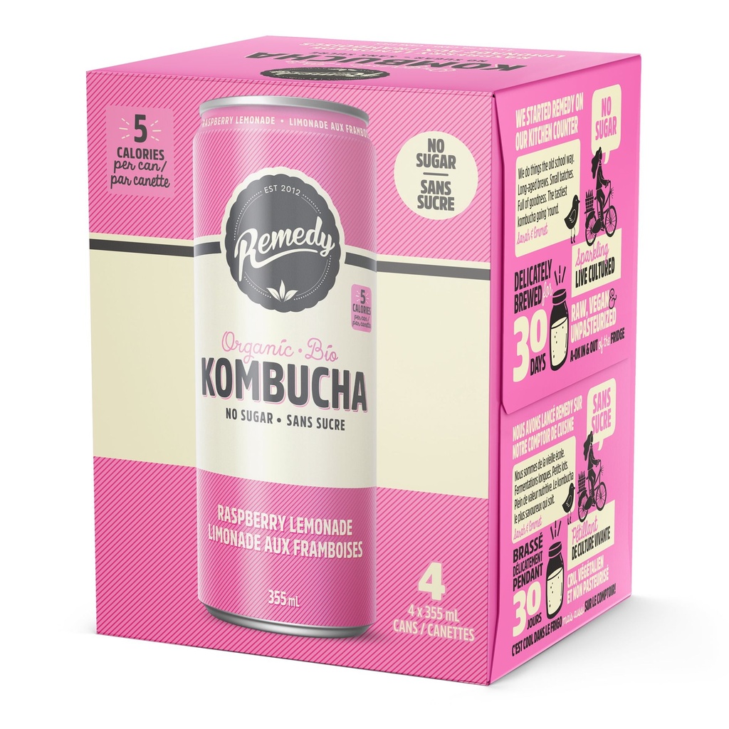Remedy Kombucha Biologique Sans Sucre Limonade aux Framboises 4x355ml