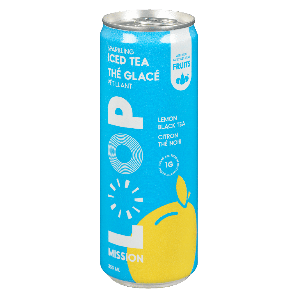 LOOP Mission Thé glacé pétillant, 10 calories et 1 g de sucre, Édulcoré à la stévia, Thé noir au citron, Jus de fruits revalorisés, 355 ml, 1 unité, Canette