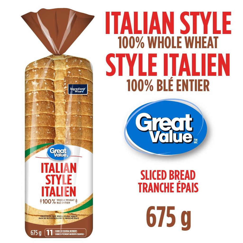 Pain de blé entier de style italien Great Value, Source de 11 nutriments essentiels, 675 g