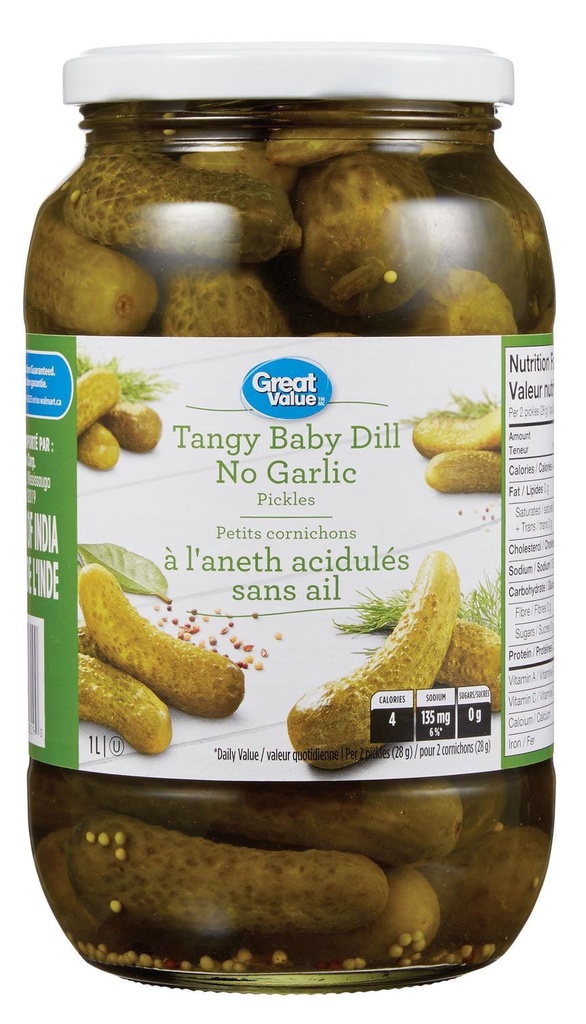 Great Value Petits Cornichons à l'Aneth Acidulés Sans Ail