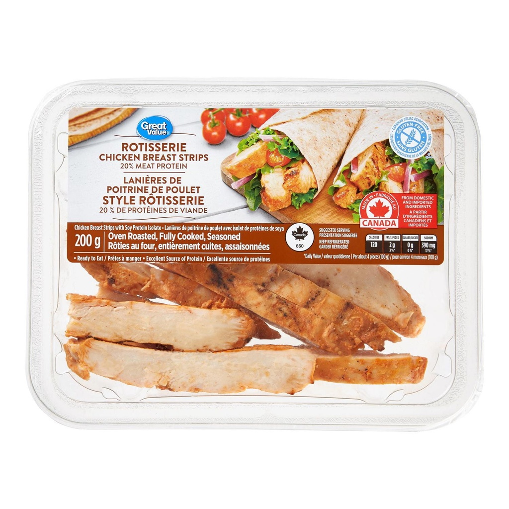 Lanières de poitrine de poulet entièrement cuites Great Value au style rôtisserie