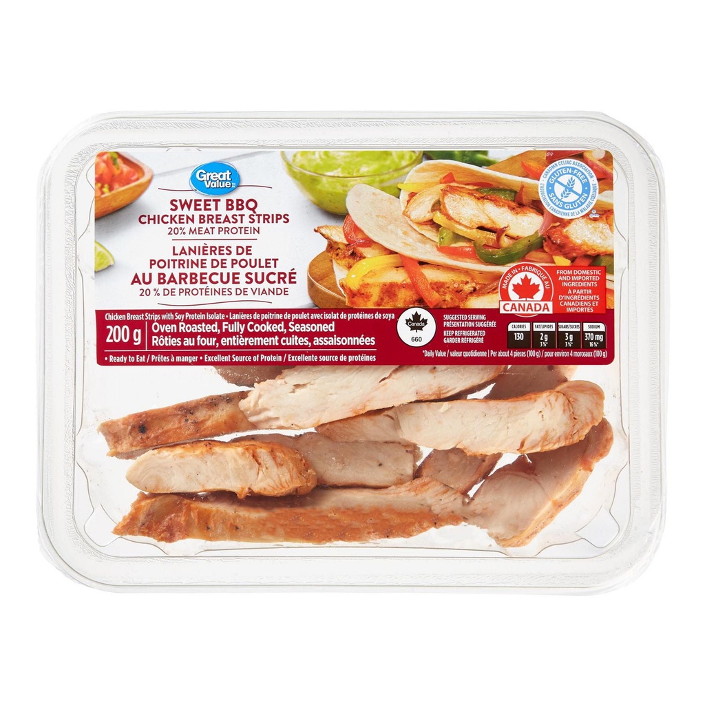 Great Value entièrement cuites Lanières de poitrine de poulet Au barbecue sucré