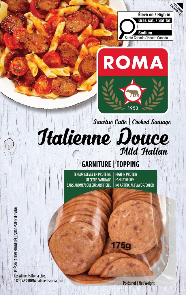 Roma Saucisse Italienne Douce Cuite Tranchée 175gr