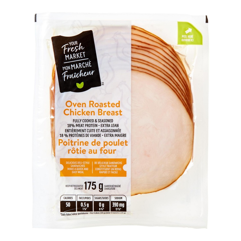 Poitrine de poulet rôtie au four Mon marché fraîcheur 175 g, tranché